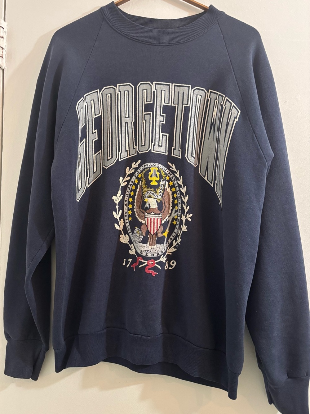 Georgetown Vintage Navy Crewneck Sweatshirt - Collegiate Graphic, Size Large